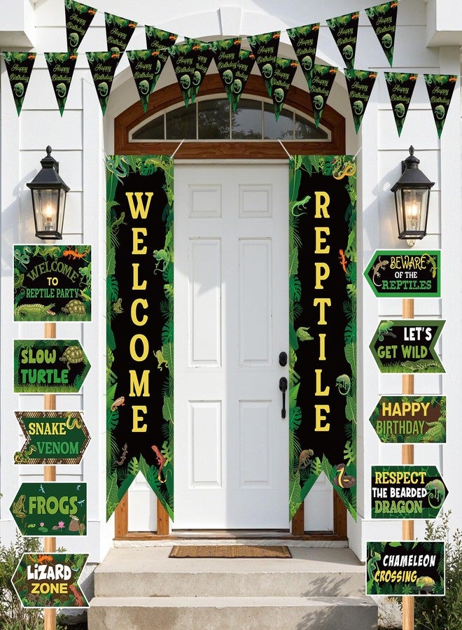 Woosytoo 14 Pcs Reptile Birthday Party Decorations Swamp Lizard Snake Porch Banner Triangle Flag Welcome Reptile Yard Signs for Kids Reptile Themed Birthday Party Backdrop Photo Props Supplies Decor - Image 2
