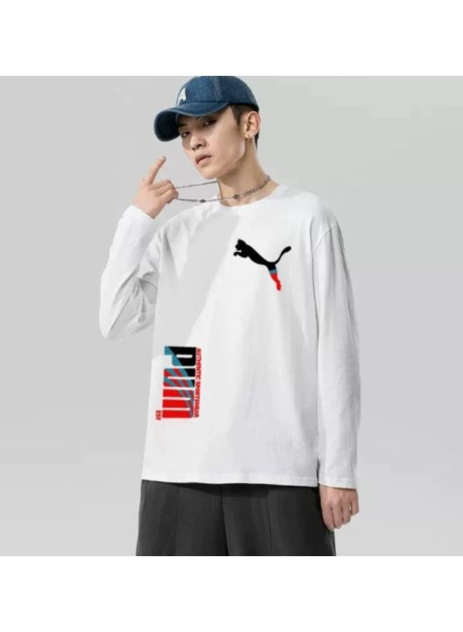 White Puma Long-Sleeve Tee with Black-Red Graphic Logo-M