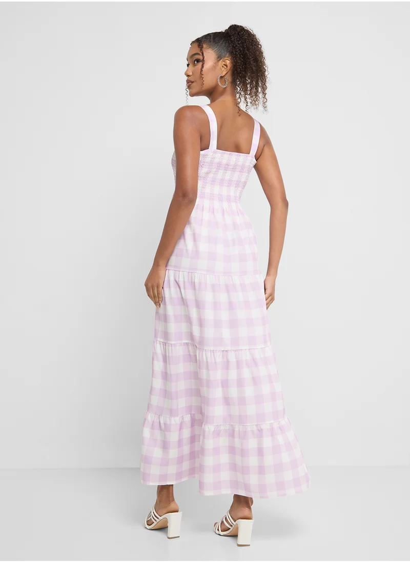 Ginger Square Neck Gingham Tiered Midi Dress