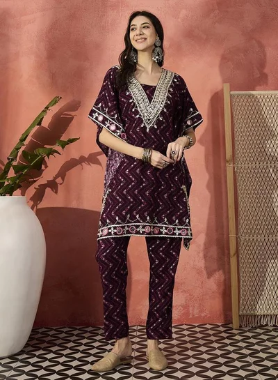 ISHIN Women's Burgundy Rayon Embellished Tunic Top With Ankle Palazzo Flared 2 Peice Kurta Set