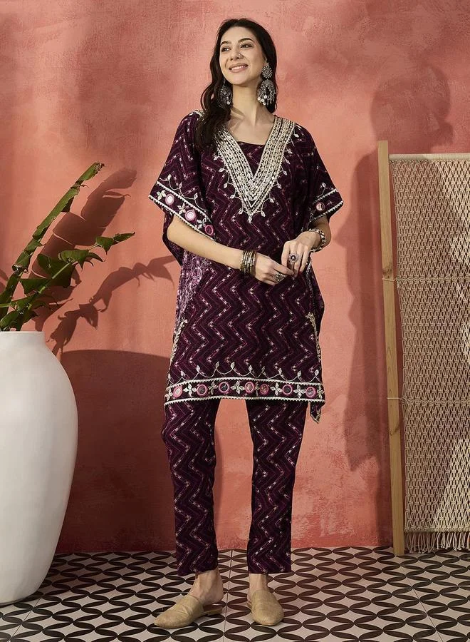 آي شين Women's Burgundy Rayon Embellished Tunic Top With Ankle Palazzo Flared 2 Peice Kurta Set