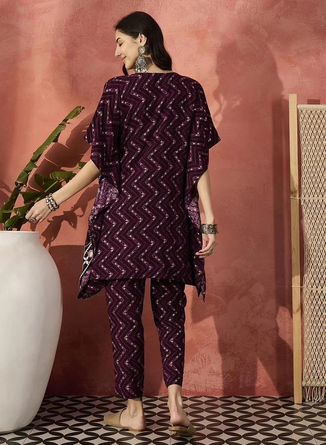 آي شين Women's Burgundy Rayon Embellished Tunic Top With Ankle Palazzo Flared 2 Peice Kurta Set