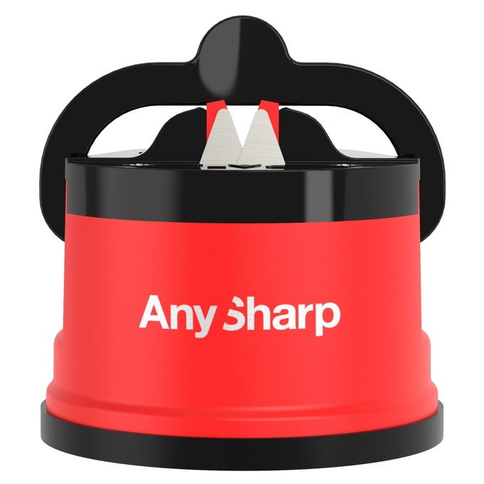 GLOBAL HANDS FREE KNIFE SHARPENER EASY TO USE SHARPENING TOOL WITH POWERGRIP SUCTION BASE AND 20DEGREE PRESET ANGLE FOR ALL KNIVES CHEFS SERRATED AND HARDENED STEEL RED