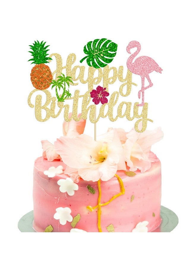 Ephlyn 1Pc Tropical Luau Happy Birthday Cake Topper Glitter Palm Tree Flamingo Pineapple Aloha Cake Pick Decorations for Hawaiian Luau Theme Birthday Party Supplies - Image 1
