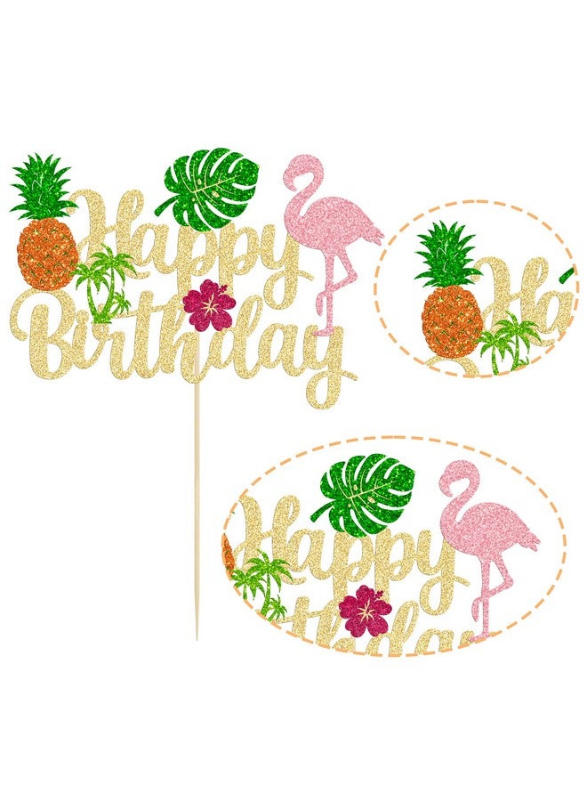 Ephlyn 1Pc Tropical Luau Happy Birthday Cake Topper Glitter Palm Tree Flamingo Pineapple Aloha Cake Pick Decorations for Hawaiian Luau Theme Birthday Party Supplies - Image 3