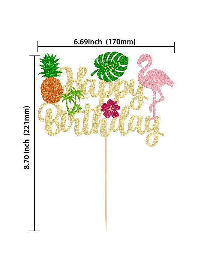 Ephlyn 1Pc Tropical Luau Happy Birthday Cake Topper Glitter Palm Tree Flamingo Pineapple Aloha Cake Pick Decorations for Hawaiian Luau Theme Birthday Party Supplies - Image 2