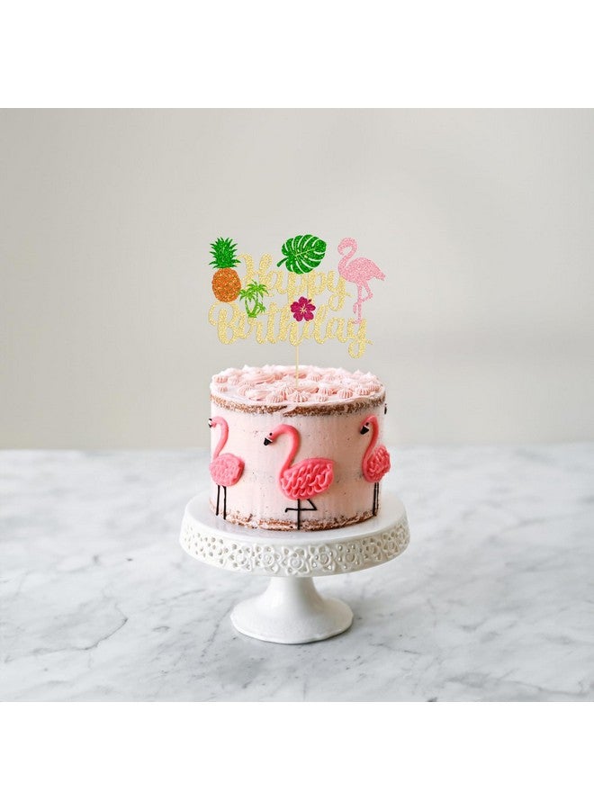 Ephlyn 1Pc Tropical Luau Happy Birthday Cake Topper Glitter Palm Tree Flamingo Pineapple Aloha Cake Pick Decorations for Hawaiian Luau Theme Birthday Party Supplies - Image 5