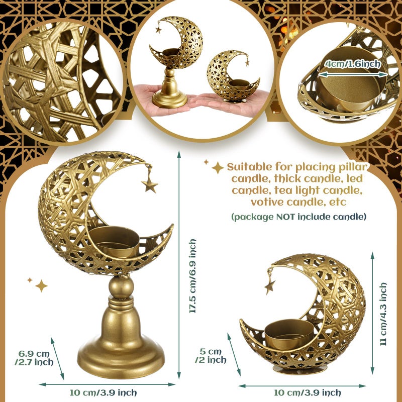 Perthlin 2 Pcs Ramadan Decorations for Home Golden Moon Shape Candle Holder Metal Candlestick Holder Eid Mubarak Table Centerpiece Decor for Birthday Wedding Church - Image 2