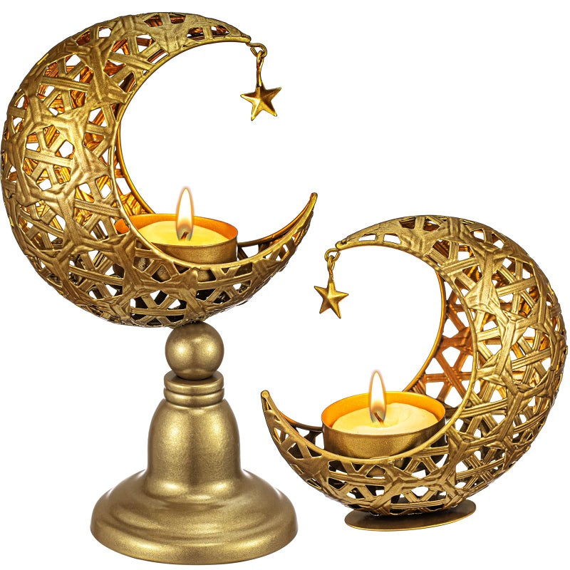 Perthlin 2 Pcs Ramadan Decorations for Home Golden Moon Shape Candle Holder Metal Candlestick Holder Eid Mubarak Table Centerpiece Decor for Birthday Wedding Church - Image 3