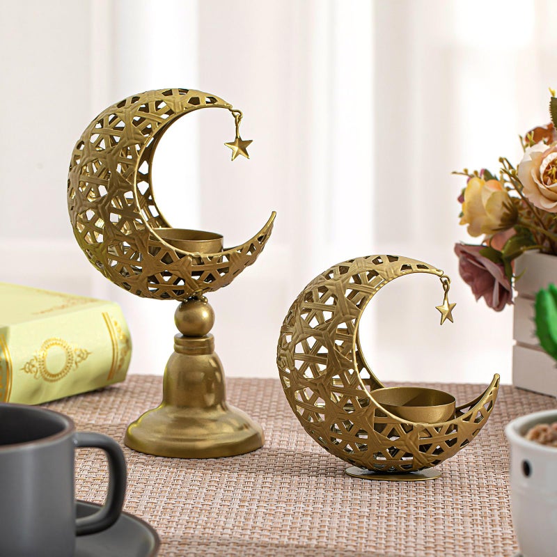 Perthlin 2 Pcs Ramadan Decorations for Home Golden Moon Shape Candle Holder Metal Candlestick Holder Eid Mubarak Table Centerpiece Decor for Birthday Wedding Church - Image 5