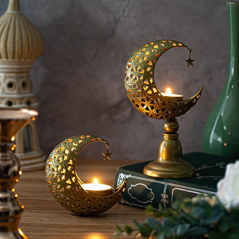 Perthlin 2 Pcs Ramadan Decorations for Home Golden Moon Shape Candle Holder Metal Candlestick Holder Eid Mubarak Table Centerpiece Decor for Birthday Wedding Church - Image 1