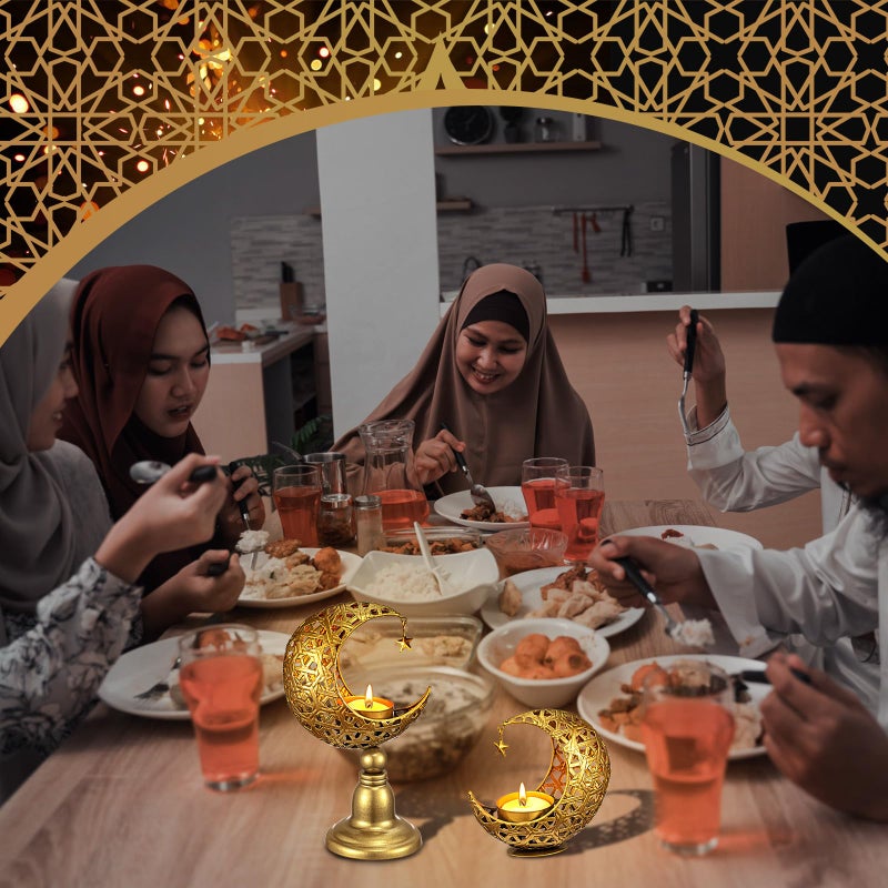 Perthlin 2 Pcs Ramadan Decorations for Home Golden Moon Shape Candle Holder Metal Candlestick Holder Eid Mubarak Table Centerpiece Decor for Birthday Wedding Church - Image 4