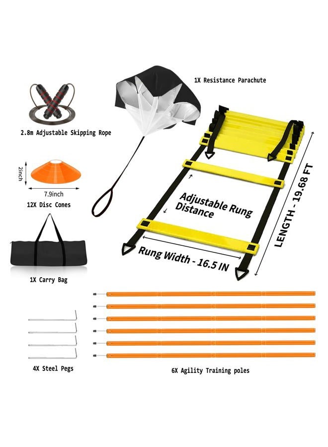 Vztipki Speed & Agility Training Equipment-20ft Agility Ladder, 6 Poles, 12 Soccer Cones, Resistance Parachute, Jump Rope, Soccer Football Basketball Sport Training Set for Kids Youth Adults - Image 2