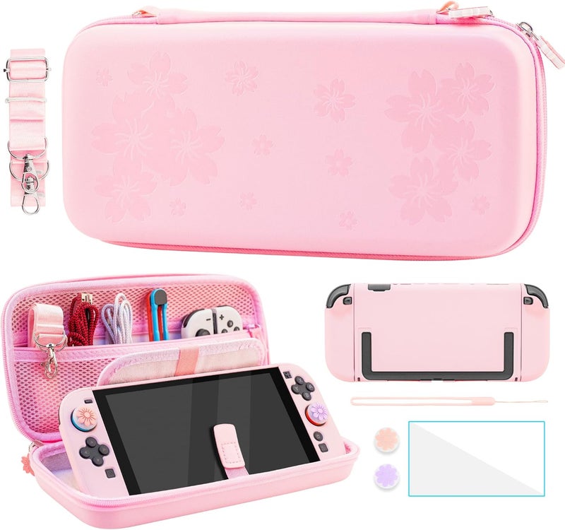 FANPL Case bundle for Nintendo Switch 2 Accessories, Carrying Cover for Switch 2 and JoyCon Controller with Hard Protective Skin and Screen protector, 4 Thumb Grips, Shoulder Strap (Sakura Pink) - Image 1