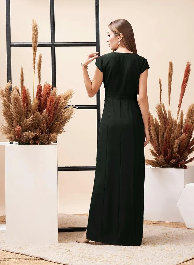 Mish Mish Textured V-Neck Maxi Dress with Centre Belt Detail