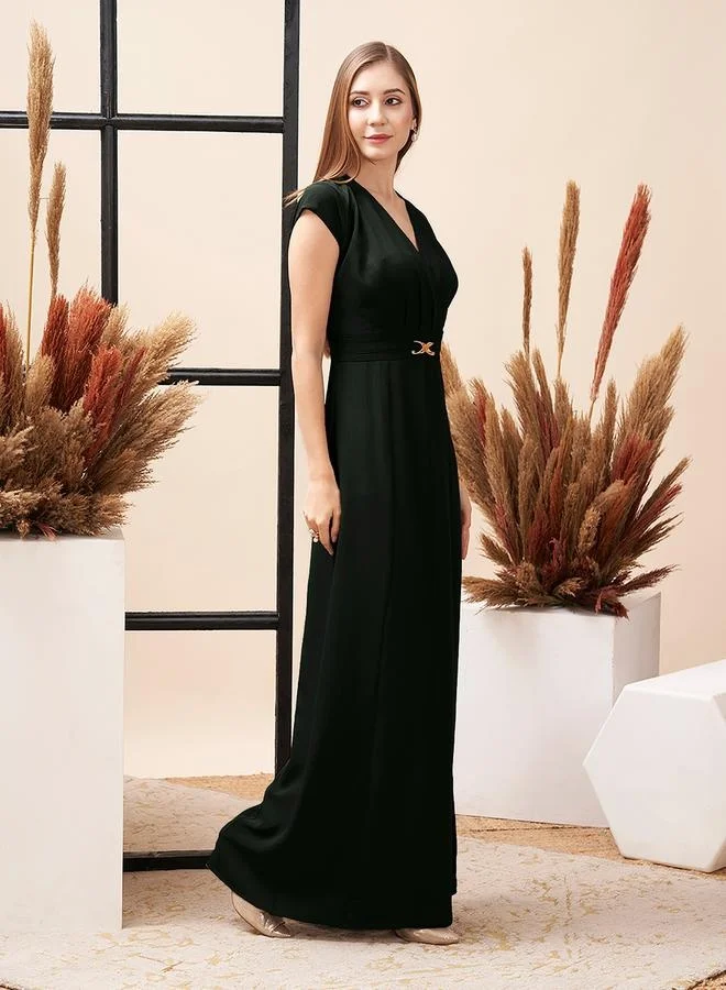 Mish Mish Textured V-Neck Maxi Dress with Centre Belt Detail