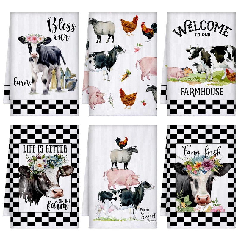 FuWeave 6 Pcs Christmas Cow Kitchen Towels Dish Hand Tea Towels Farm Animal Cow Vintage Rustic Tea Wash Cloth Gifts for Farmhouse Kitchen Baking Cooking Bathroom Christmas Decor, 16 x 24 Inch - Image 1