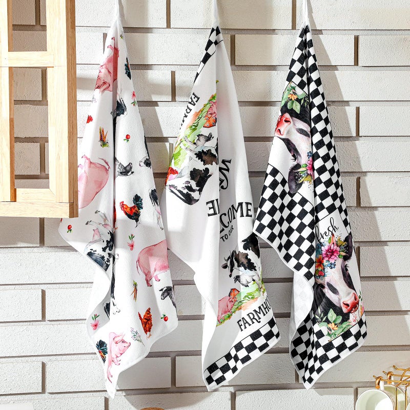 FuWeave 6 Pcs Christmas Cow Kitchen Towels Dish Hand Tea Towels Farm Animal Cow Vintage Rustic Tea Wash Cloth Gifts for Farmhouse Kitchen Baking Cooking Bathroom Christmas Decor, 16 x 24 Inch - Image 2