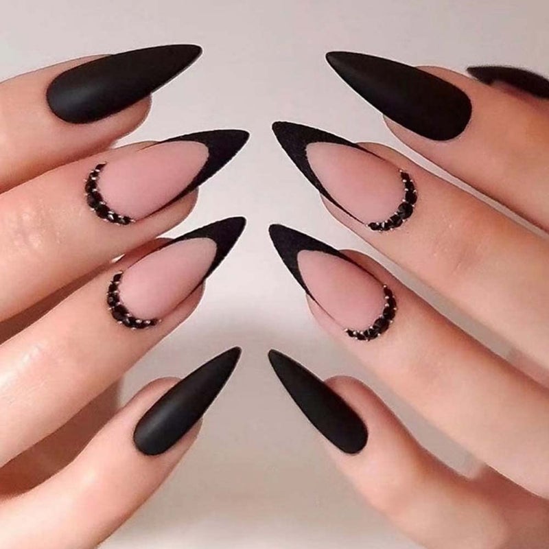 ANDGING Black Stiletto Press on Nails Long French Tip Fake Nails Glue on Nails for Women with Matte Glitter Rhinestone Design Cute Acrylic False Nails Stick on Nails for Wedding Birthday 24Pcs