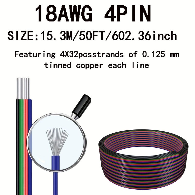 18 20 22 Gauge 4 Pin RGB Flexible Extension Wire 20AWG 9.2M 30FT 4 Conductor LED Strip Cable Connector for COB RGB LED Strip Motor Lighting Automotive Electronic - Image 3