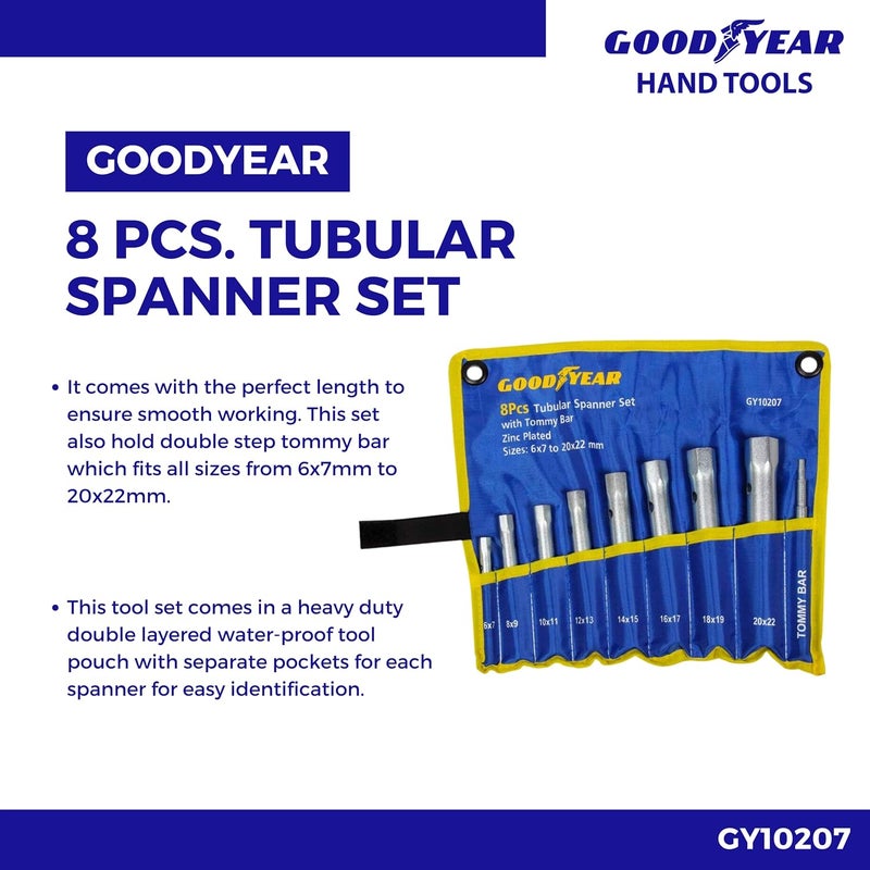 GOODYEAR مجموعة مفاتيح أنبوبية معدنية من جوديير مع بار تومي فضي 9 قطع - Image 2