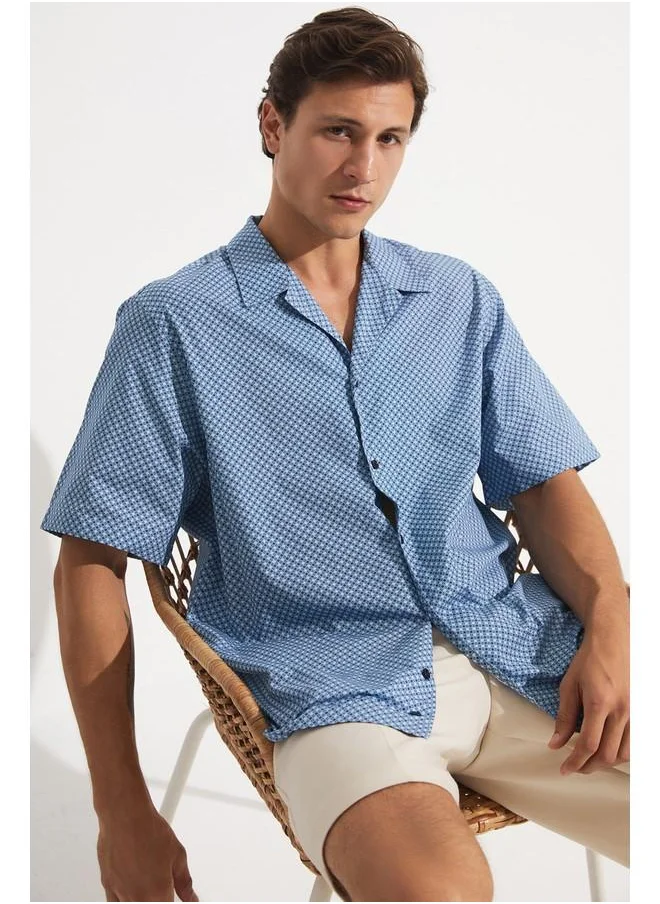 JUNE June Exclusive Men Oversize Short Sleeve Patterned Shirt Turquoise - Blue