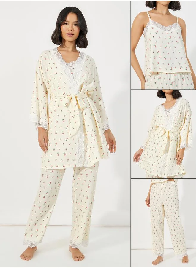 ستايلي Pack of 3 - Ditsy Print Lace Trim Cami, Pyjama & Robe