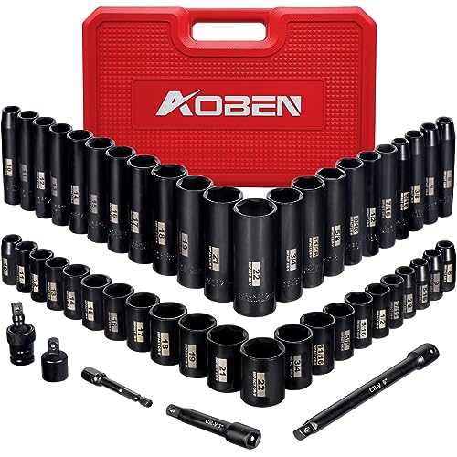 AOBEN 3/8-Inch Drive Impact Socket Set, 49 Pieces,6 Point (5/16" - 3/4", 8mm - 22mm), Deep/Shallow, Includes 3", 6" Extension bars, Universal Joint, 1/2" to 3/8" adaptor, 3/8" Inch Socket Adapter - Image 1