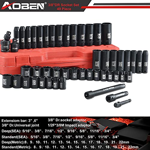 AOBEN 3/8-Inch Drive Impact Socket Set, 49 Pieces,6 Point (5/16" - 3/4", 8mm - 22mm), Deep/Shallow, Includes 3", 6" Extension bars, Universal Joint, 1/2" to 3/8" adaptor, 3/8" Inch Socket Adapter - Image 2