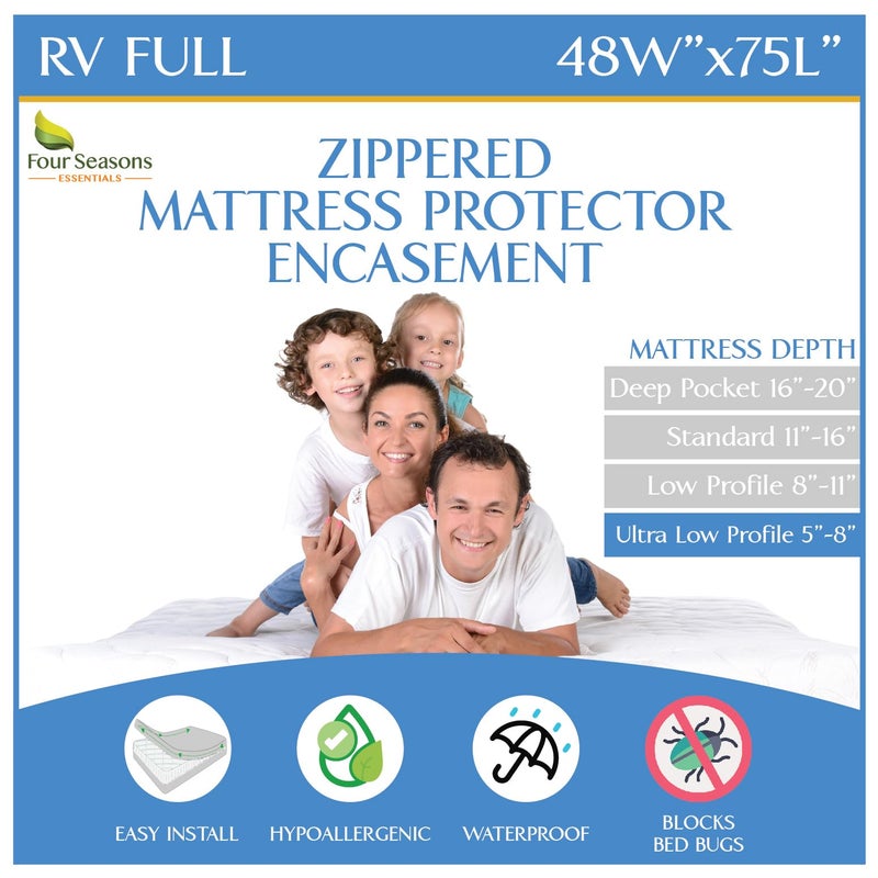RV Short Full Mattress Protector 48 W x 75 L Fits 58 Depth  Waterproof Zippered Encasement  Fits Three Quarter 34 Full Mattress  Hypoallergenic Premium Bed Cover