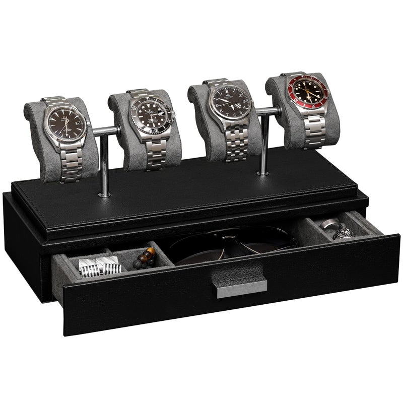 ROTHWELL Luxury Watch Display Case for 4 Watches Leather Watch Box with Acrylic Cover and Removable Slide in Cushions Accessory Drawer with Multiple Configurations BlackGrey