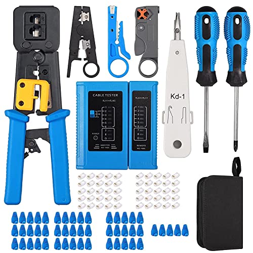 LipiWorld® Crimp Tool Kit Cat5 Cat5e Cat6 RJ45 Crimping Tool, 50PCS RJ45 Cat6 Pass Through Connectors, 50PCS Covers, Network Cable Tester, Wire Punch Down Cutter - Image 1