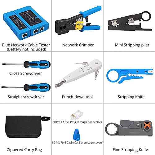 LipiWorld® Crimp Tool Kit Cat5 Cat5e Cat6 RJ45 Crimping Tool, 50PCS RJ45 Cat6 Pass Through Connectors, 50PCS Covers, Network Cable Tester, Wire Punch Down Cutter - Image 2