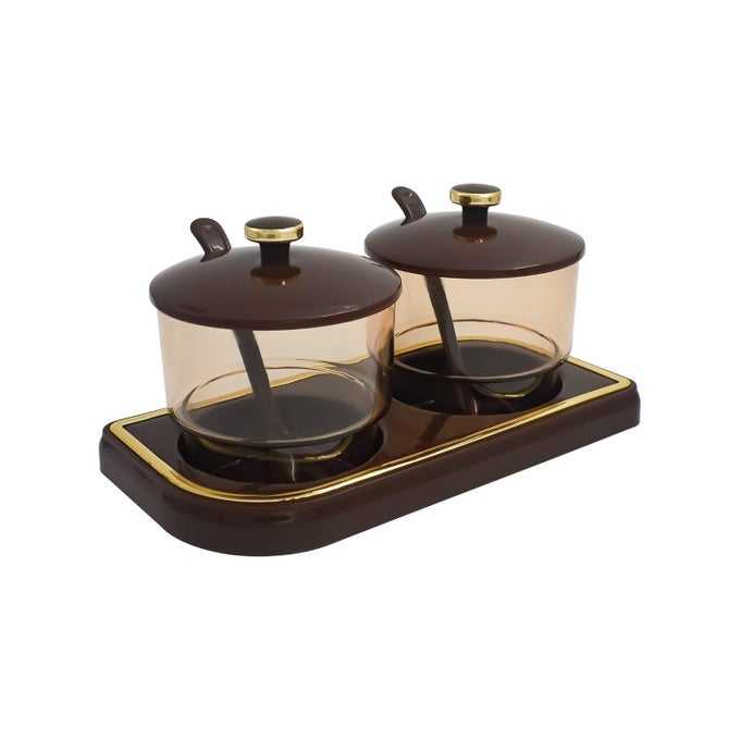 PLASTIC PICKLE CONTAINER SET WITH SPOON LID AND TRAY FOR DINING TABLE SET OF 2 CONDIMENT STORAGE JAR FOR ACHAR SPICE MUKHVAS SALT AND PAPPER BROWN