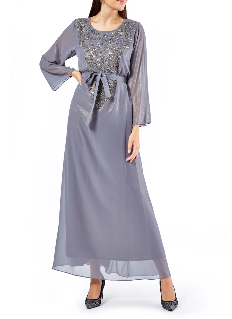 امري Simple And Elegant Chiffon A-Line Long Dress With Beautiful Embroidery Details And Round Neckline