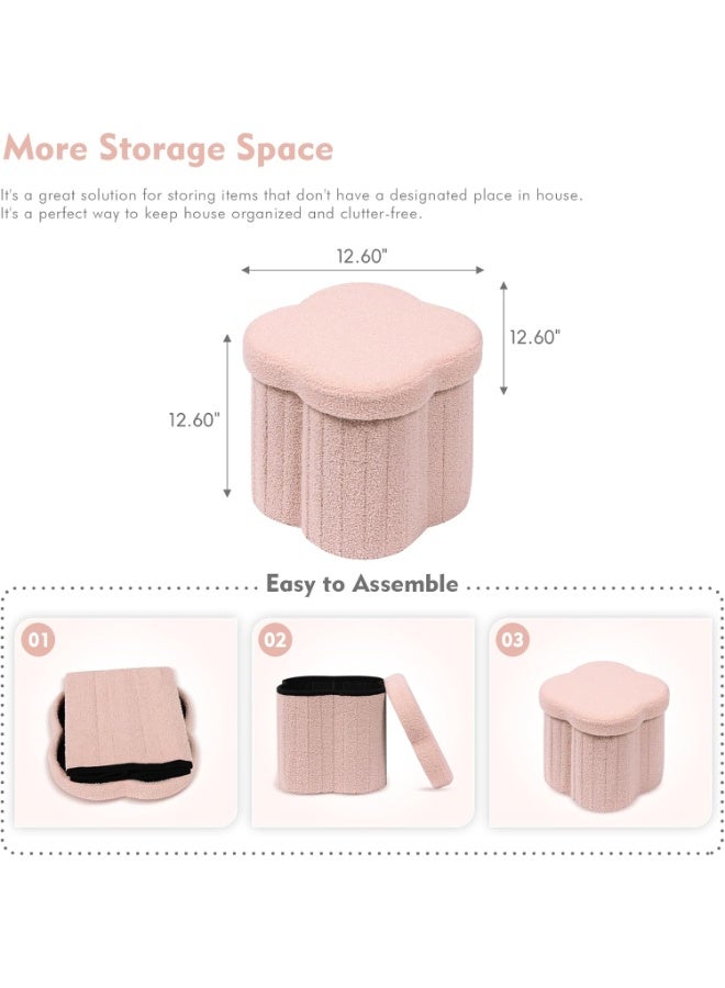 Storage Ottoman Cube, Flowers Shaped Ottomans with Storage Foot Stool Footrest for Lving Room, Boucle Ottoman Seat for Dorm Room,Faux Teddy Fur, pink 11.8"x11.8"x12.6" - Image 3