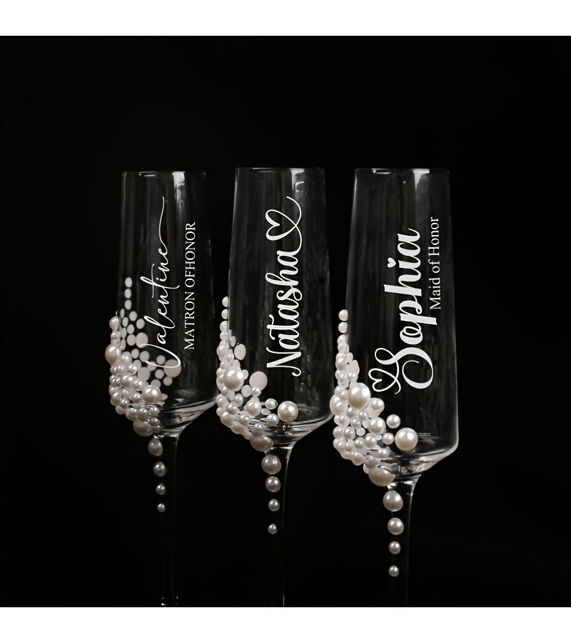 Wedding Party Wine Glasses Design 1 For Bridesmaids Bride Maid Of Honor And Brides Mother Glass Hand Wash Recommended Pearl Trim - Image 4