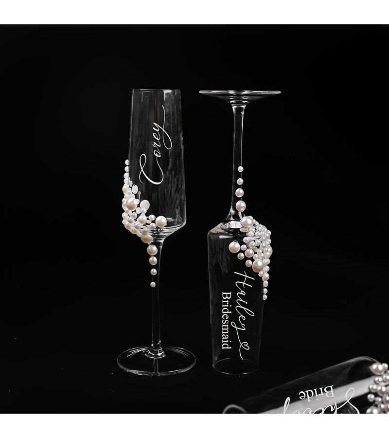 Wedding Party Wine Glasses Design 1 For Bridesmaids Bride Maid Of Honor And Brides Mother Glass Hand Wash Recommended Pearl Trim - Image 2