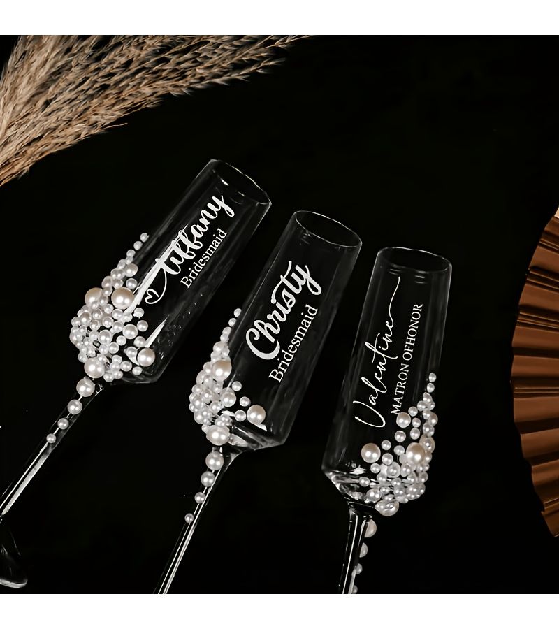Wedding Party Wine Glasses Design 1 For Bridesmaids Bride Maid Of Honor And Brides Mother Glass Hand Wash Recommended Pearl Trim - Image 5