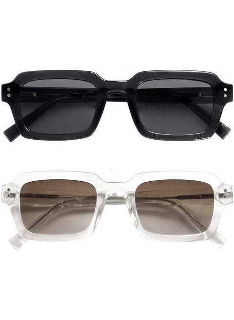 EDG Sunglasses for Men & Women - Vintage Rectangular Transparent Frame with Spring Hinges - Trendy Retro Sunglasses with UV400 Protection Lenses - Transparent Black/Clear (Pack of 2)