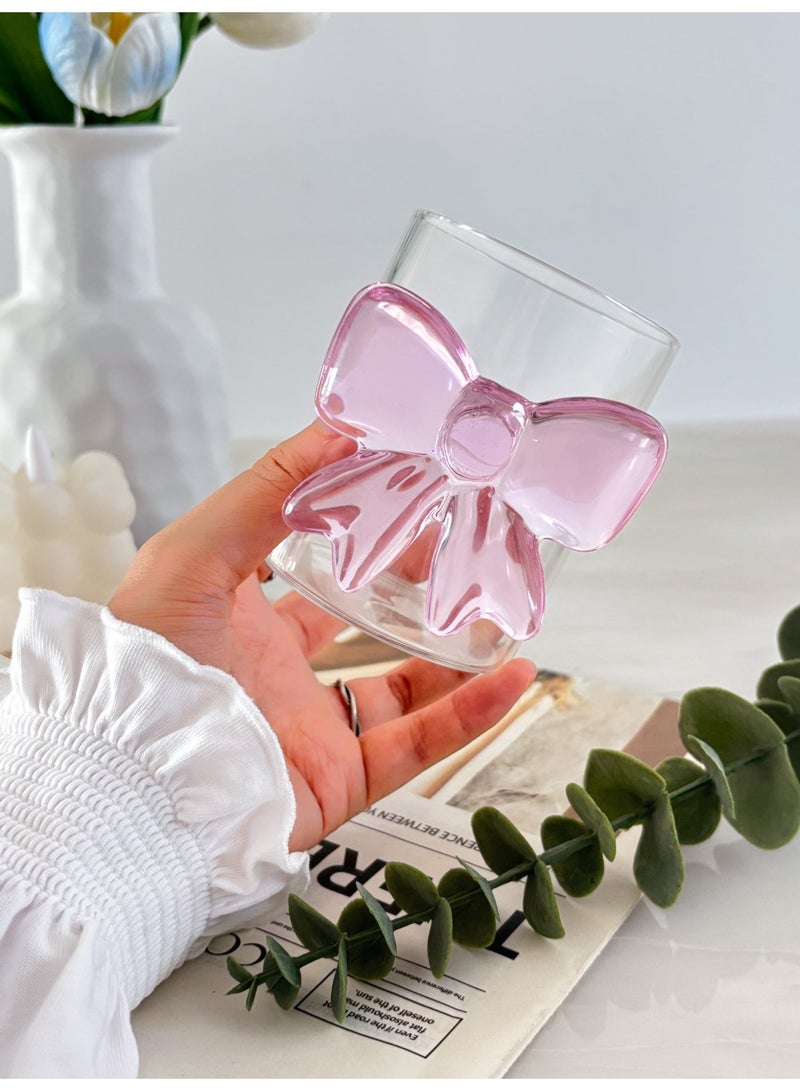 YOLOLAND Clear Glass Matcha Cup 300ml Transparent Coffee Mug with Pink Bow for Milk Juice Iced Coffee Water Daily Use - Image 2