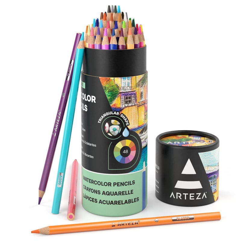ARTEZA Watercolor Pencils SoftCore TriangularShaped PreSharpened Set of 48 - Image 1