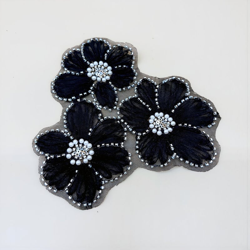 3D Beaded Pearl Flower Applique Heavy Duty Mesh Fabric Patch for Clothing Decor - Image 2