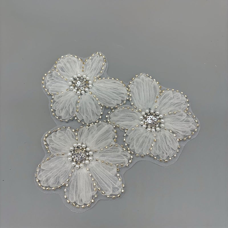 3D Beaded Pearl Flower Applique Heavy Duty Mesh Fabric Patch for Clothing Decor - Image 4