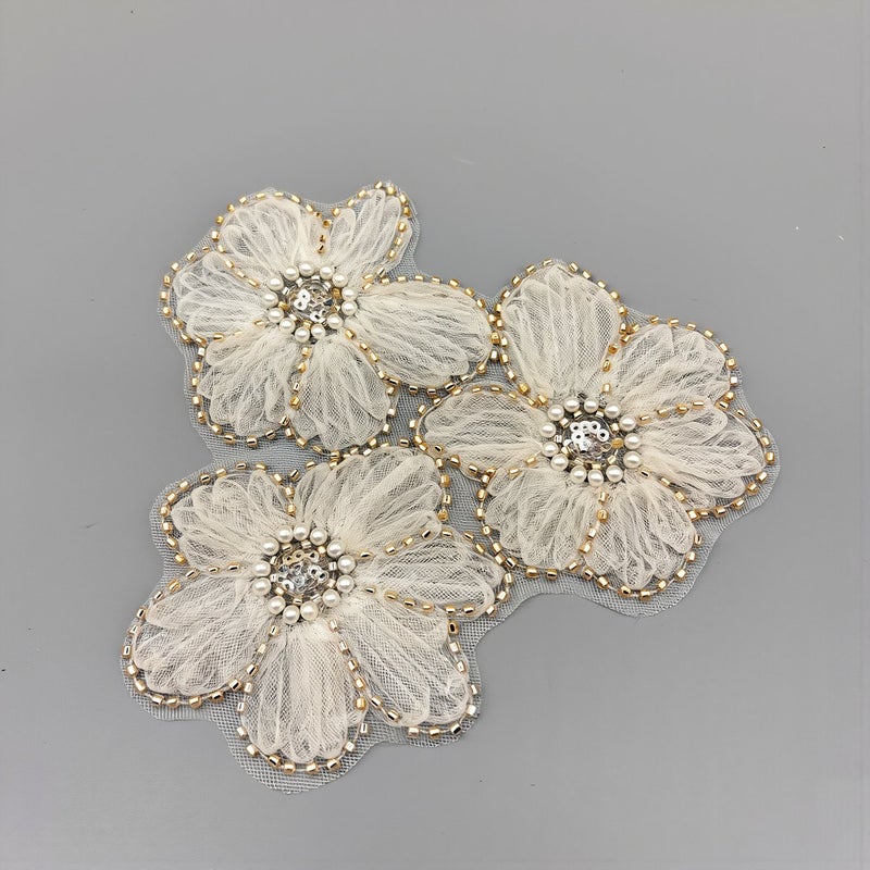 3D Beaded Pearl Flower Applique Heavy Duty Mesh Fabric Patch for Clothing Decor - Image 3