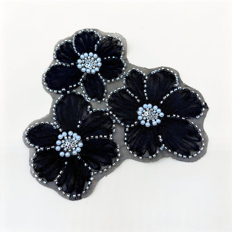 3D Beaded Pearl Flower Applique Heavy Duty Mesh Fabric Patch for Clothing Decor - Image 1