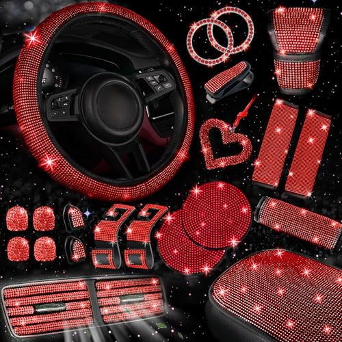 NBTEPEM 30 Pcs Red Bling Car Accessories Set for Women Red Steering Wheel Cover Set Bling Console Cover Seat Belt Cushion Shift Knob Cushion Cup Holder Coaster Rhinestone Car Hanging Accessories - Image 1
