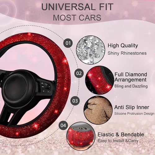 NBTEPEM 30 Pcs Red Bling Car Accessories Set for Women Red Steering Wheel Cover Set Bling Console Cover Seat Belt Cushion Shift Knob Cushion Cup Holder Coaster Rhinestone Car Hanging Accessories - Image 3