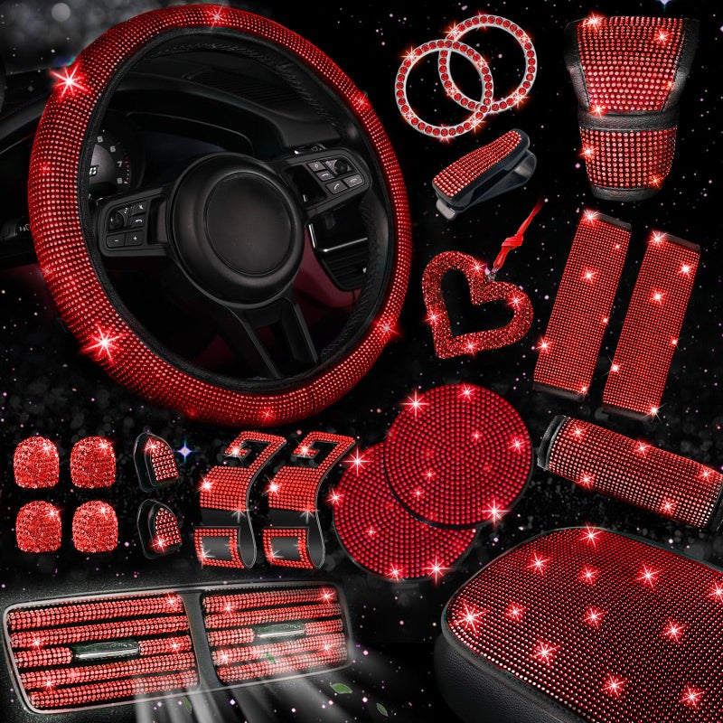 NBTEPEM 30 Pcs Red Bling Car Accessories Set for Women Red Steering Wheel Cover Set Bling Console Cover Seat Belt Cushion Shift Knob Cushion Cup Holder Coaster Rhinestone Car Hanging Accessories - Image 2