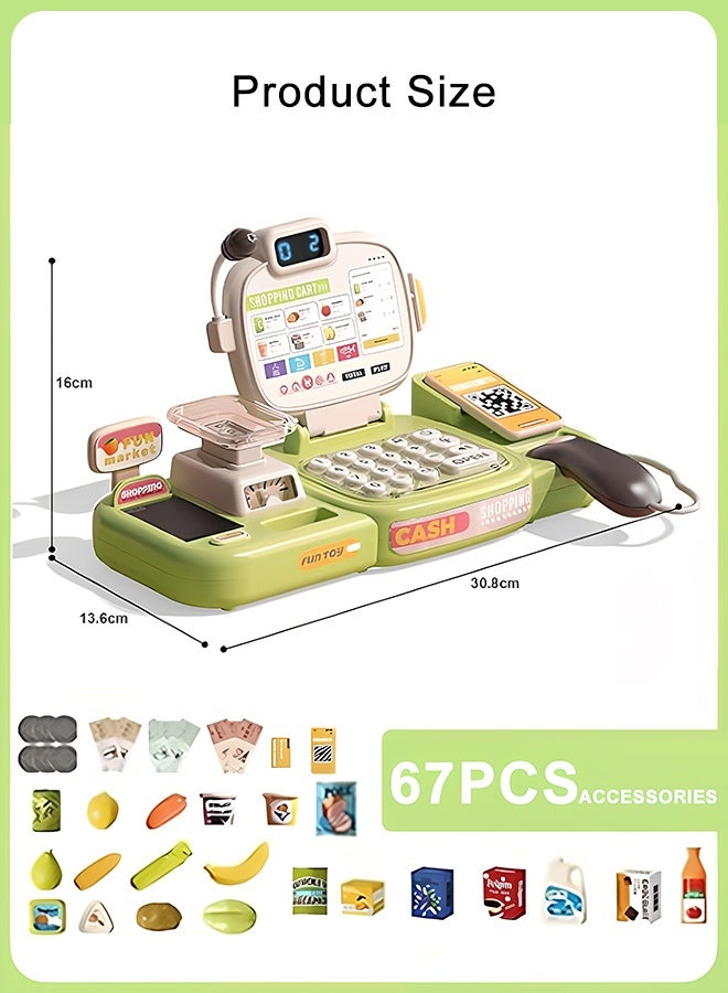 Quivlox Kids Cash Register Toy Set,Simulation Pretend Cash Register Toy with Play Money, Credit Card & Scanner, Smart Cash Register Toy with Voice,Grocery Store Playset,Multifunction Play Toy,67 Pieces Learning Toy for Preschoolers, Math Skills Development for Ages 3-6, Ideal Gift for Boys & Girls (Green) - Image 2